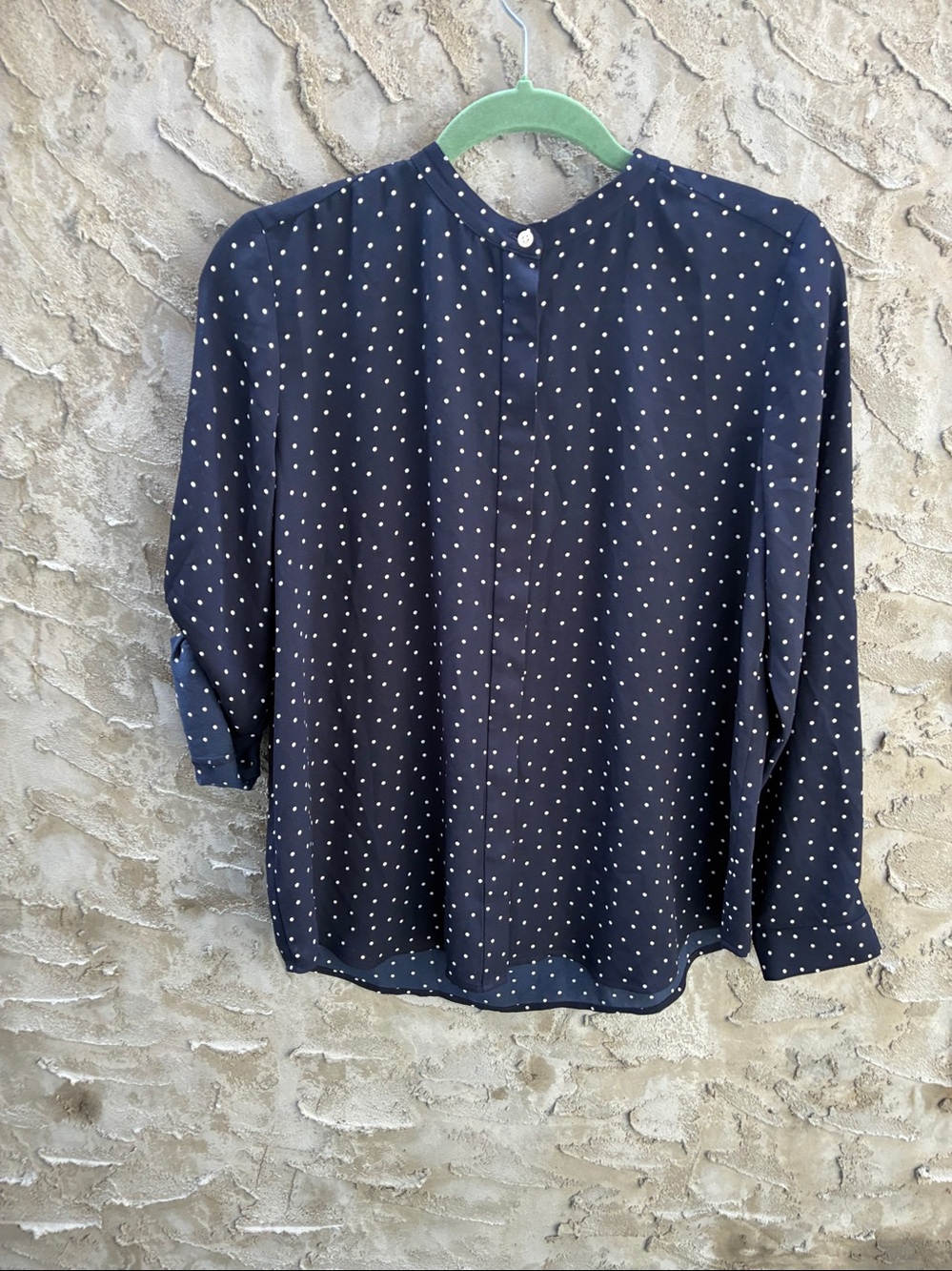 LOFT Navy Roll Up Sleeve Polka Dot Hidden Button-Up Chiffon Blouse Size PM